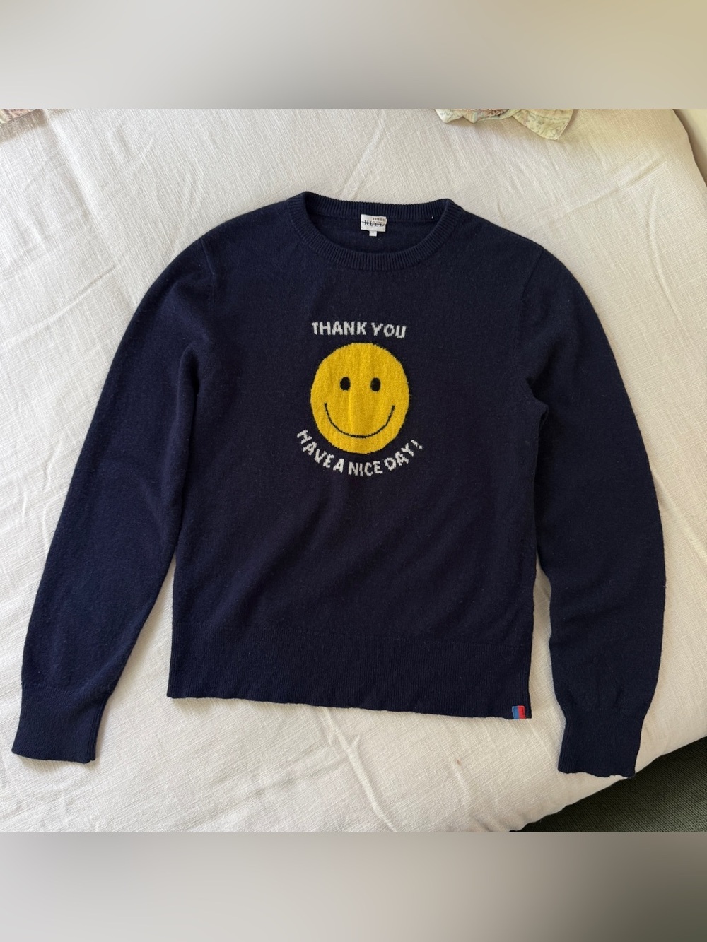 KULE 100% Cashmere Take Out Smiley Face Sweater Navy Blue Size S